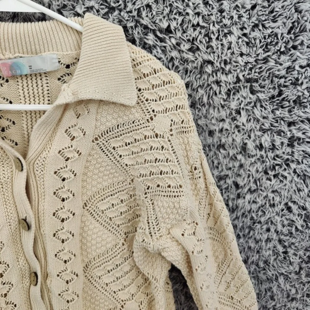 Free People Beach Women Preppy Coastal Pointelle Crochet Cardigan XS Cream Knit